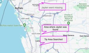 Map of where Jaylen was last seen vs. where his body was found. Created by audiochuck staff using Google Maps.